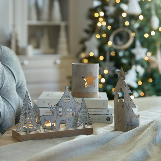 Rustic Metal Scene Tealight On Wood Stand With Glass Votives