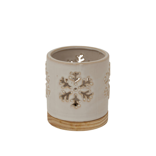 Alora Ceramic Snowflake Candle Holder On Wood Base