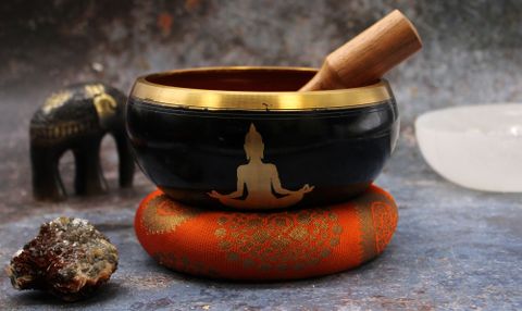 Lrg Buddha Singing Bowl Set- Black Orange 14cm