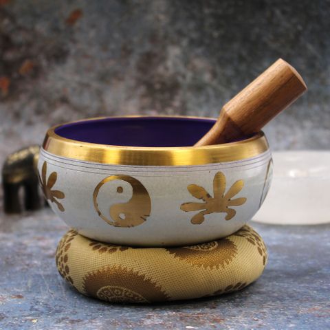 Lrg Yin & Yang Singing Bowl Set- White Purple 14cm